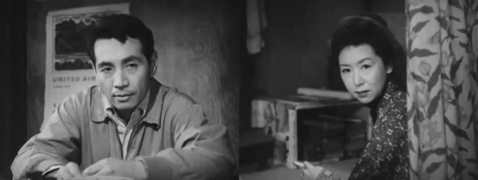 Two images from the movie Love Letter showing Kinuyo Tanaka's cameo as a customer of Reikichi.